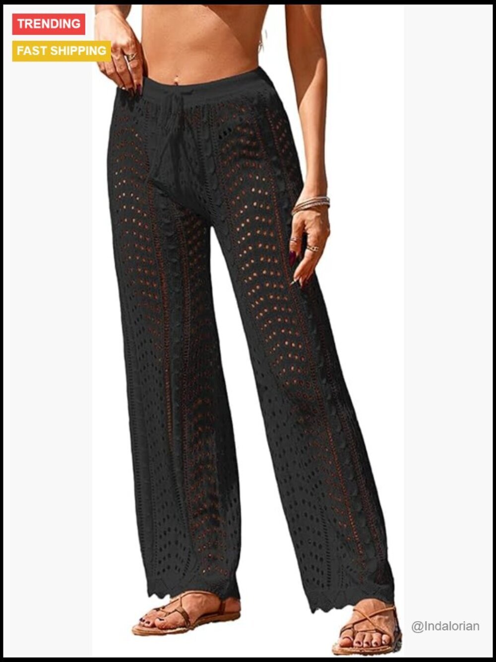 Women's Crochet Mesh Knit Beach Cover Up Pants Drawstring High Waist